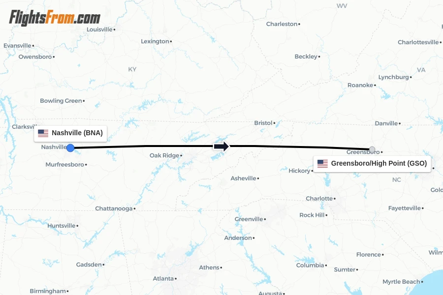 Flights from Nashville to Greensboro/High Point route map