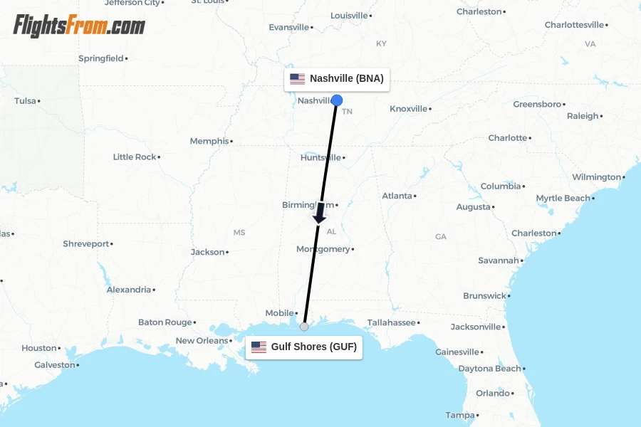 Flights from Nashville to Gulf Shores route map