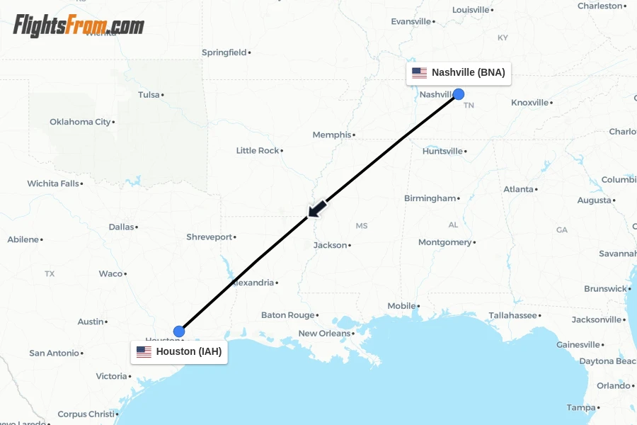 Flights from Nashville to Houston route map