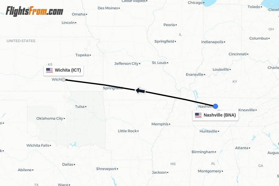 Flights from Nashville to Wichita route map