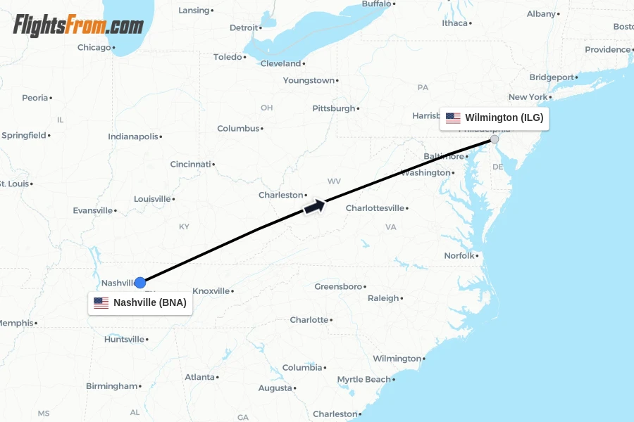 Flights from Nashville to Wilmington route map