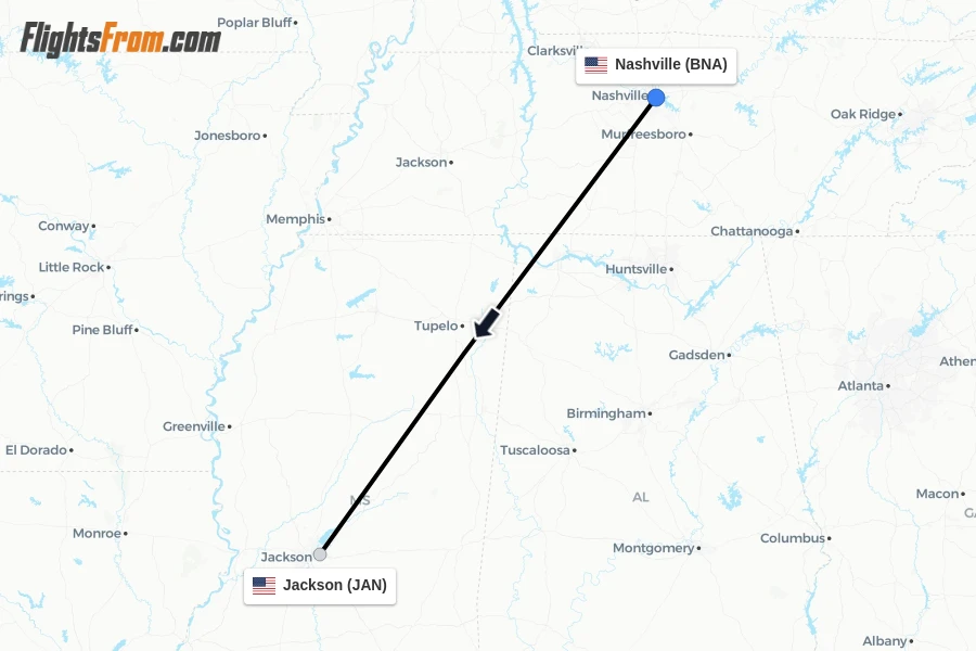 Flights from Nashville to Jackson route map