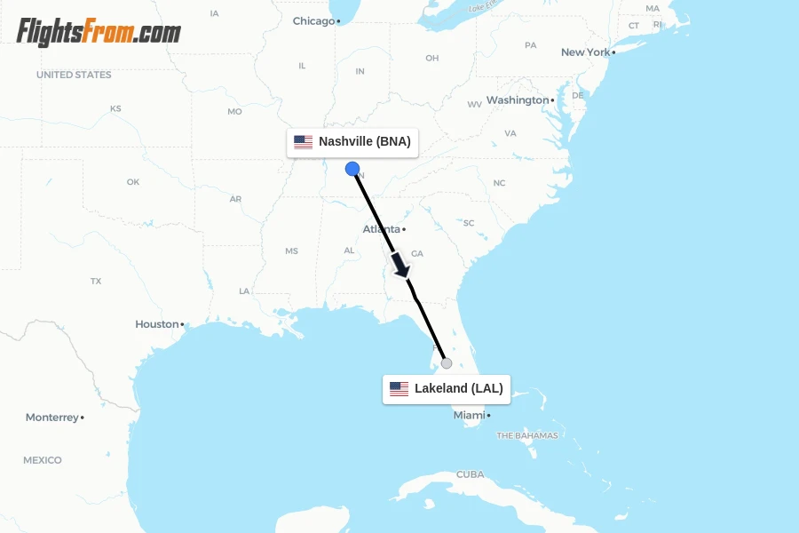 Flights from Nashville to Lakeland route map