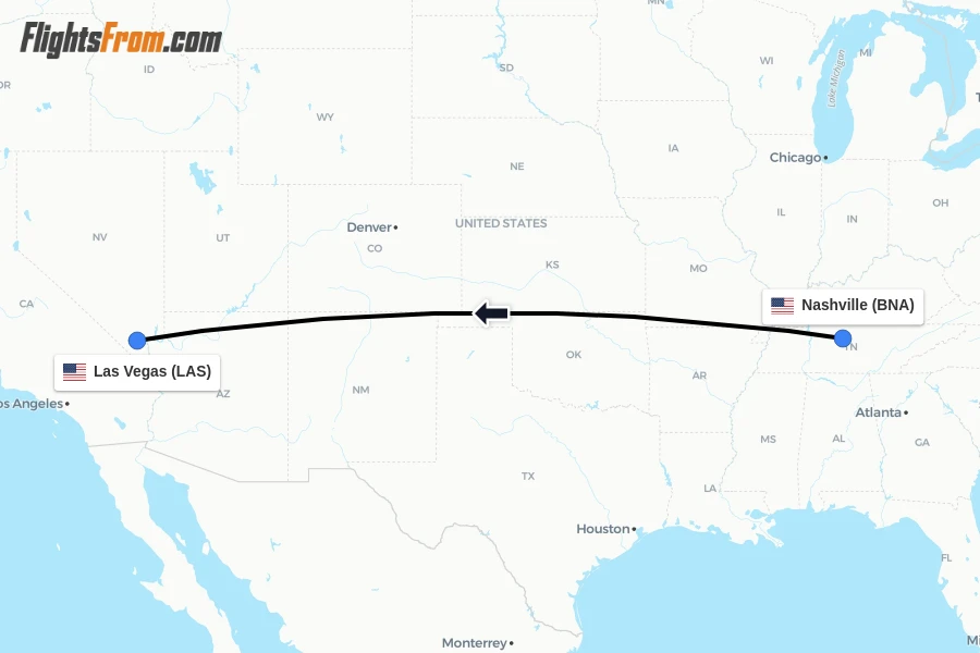 Flights from Nashville to Las Vegas route map