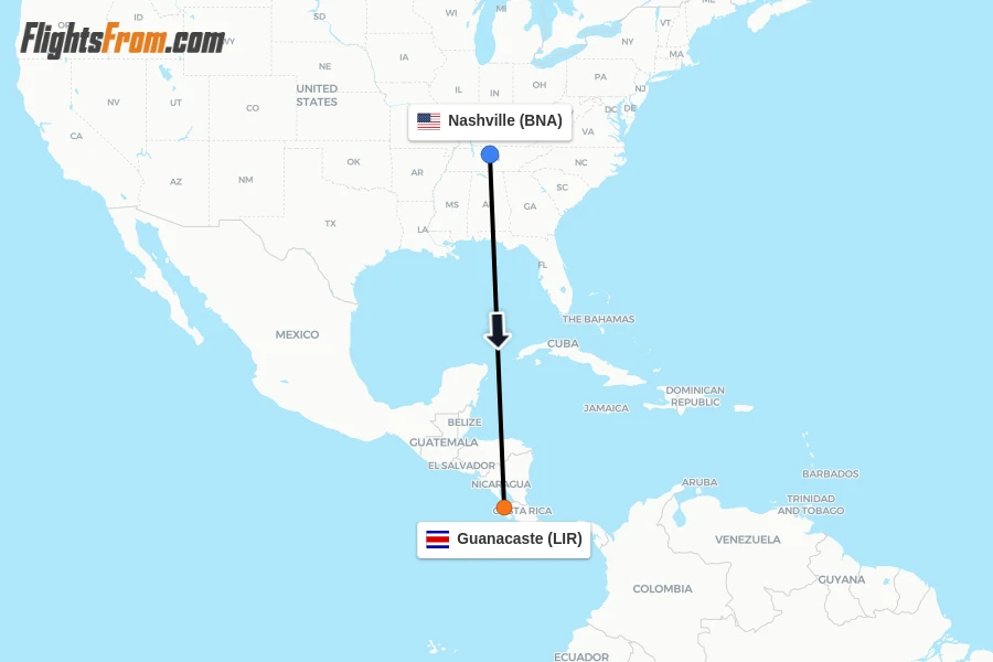 Flights from Nashville to Guanacaste route map