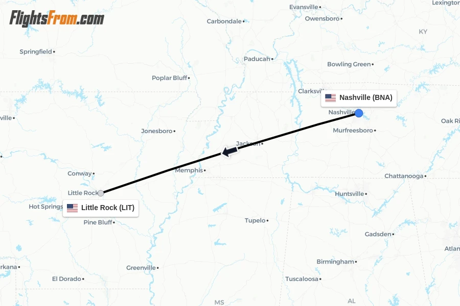 Flights from Nashville to Little Rock route map