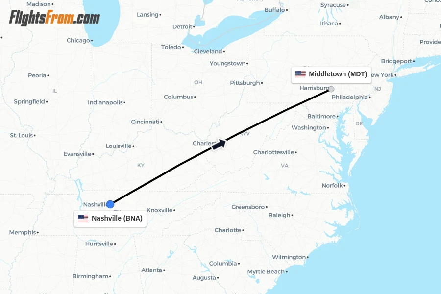Flights from Nashville to Middletown route map