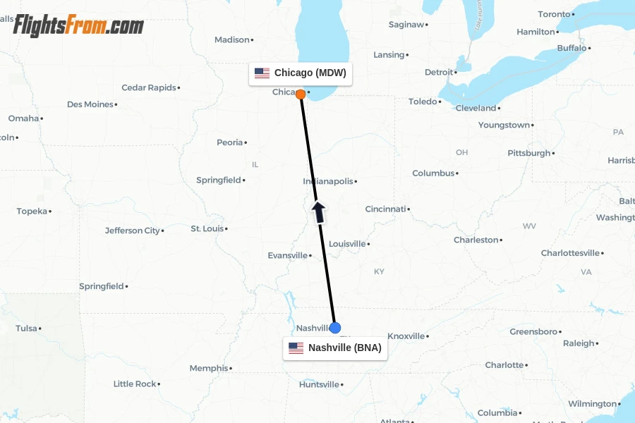 Flights from Nashville to Chicago route map