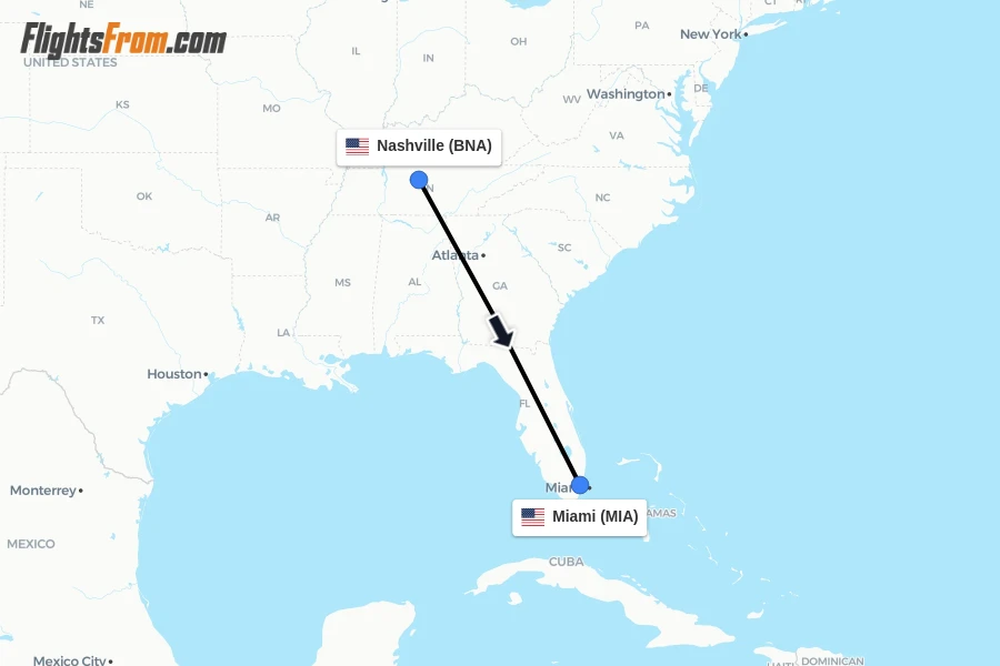 Flights from Nashville to Miami route map