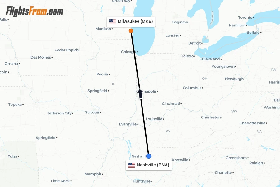 Flights from Nashville to Milwaukee route map