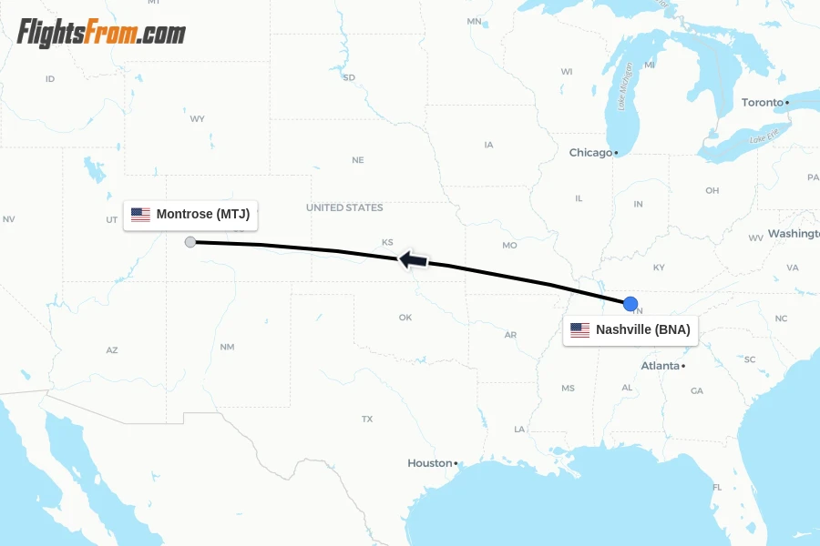 Flights from Nashville to Montrose route map