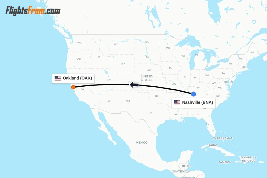 Flights from Nashville to Oakland route map