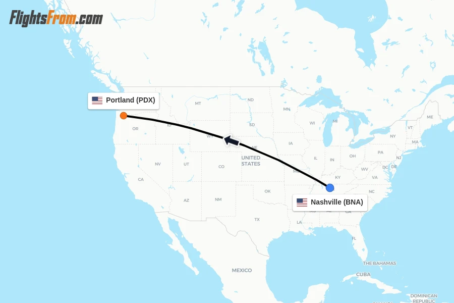 Flights from Nashville to Portland route map