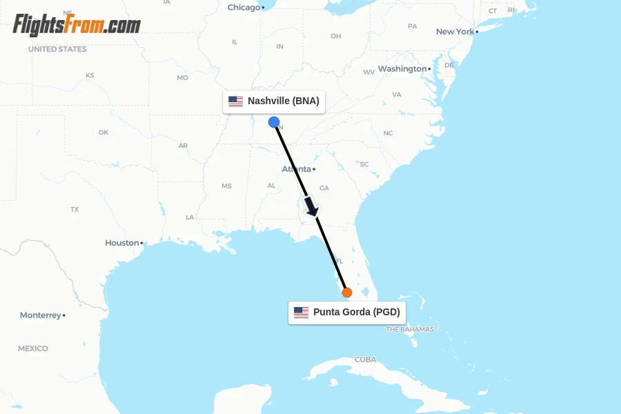 Flights from Nashville to Punta Gorda route map