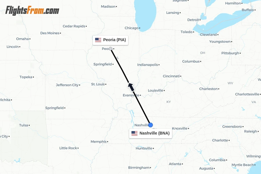 Flights from Nashville to Peoria route map