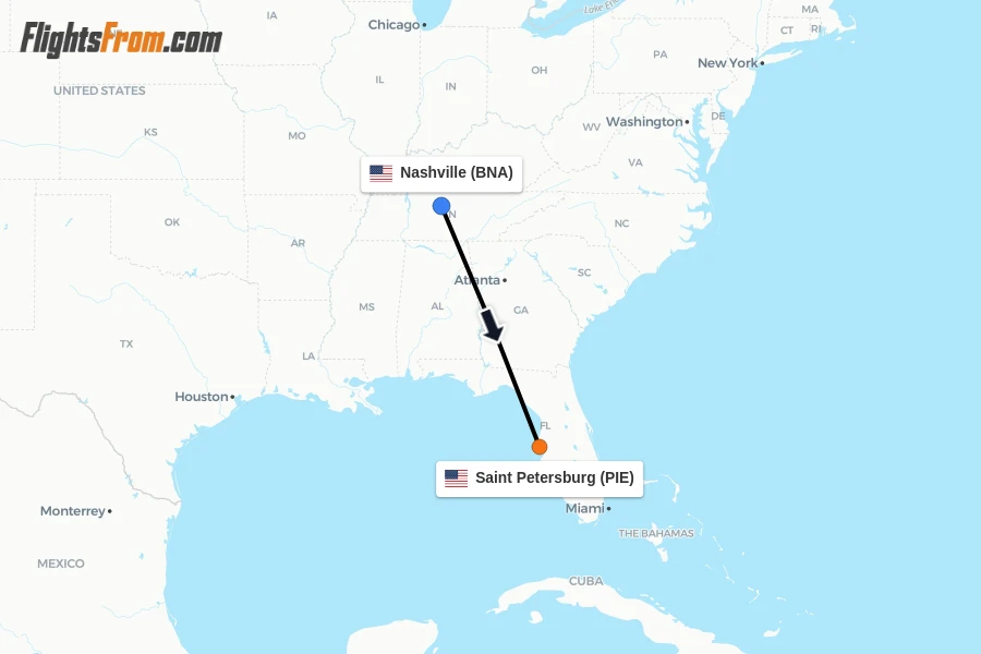 Flights from Nashville to Saint Petersburg route map