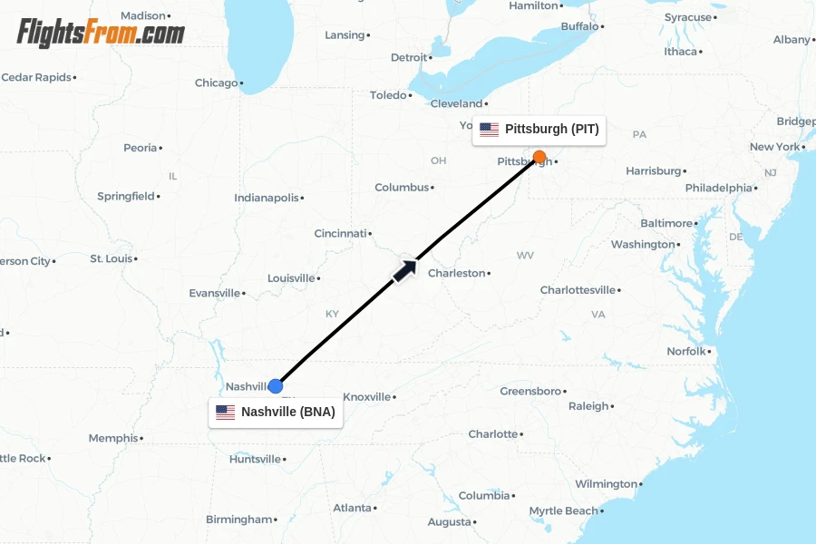 Flights from Nashville to Pittsburgh route map