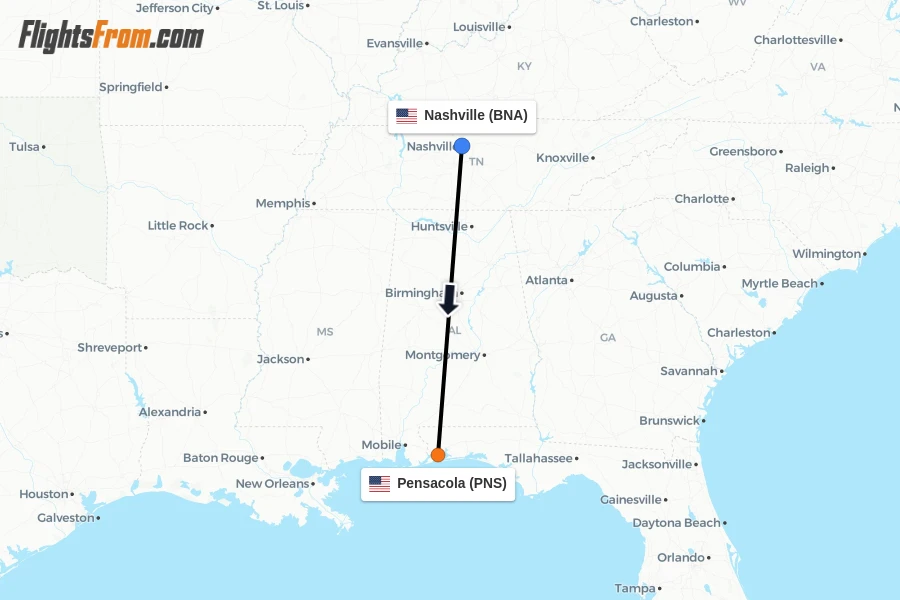 Flights from Nashville to Pensacola route map