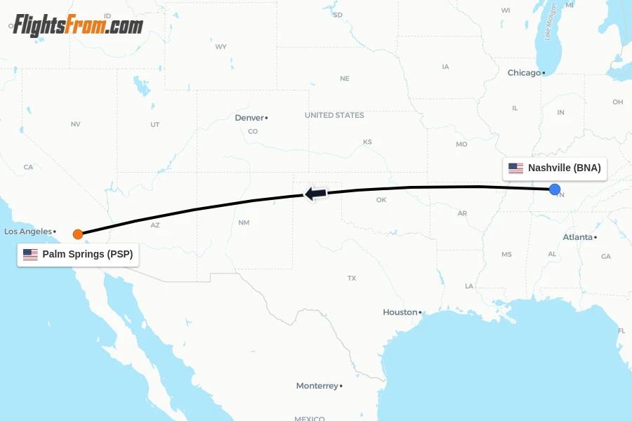 Flights from Nashville to Palm Springs route map
