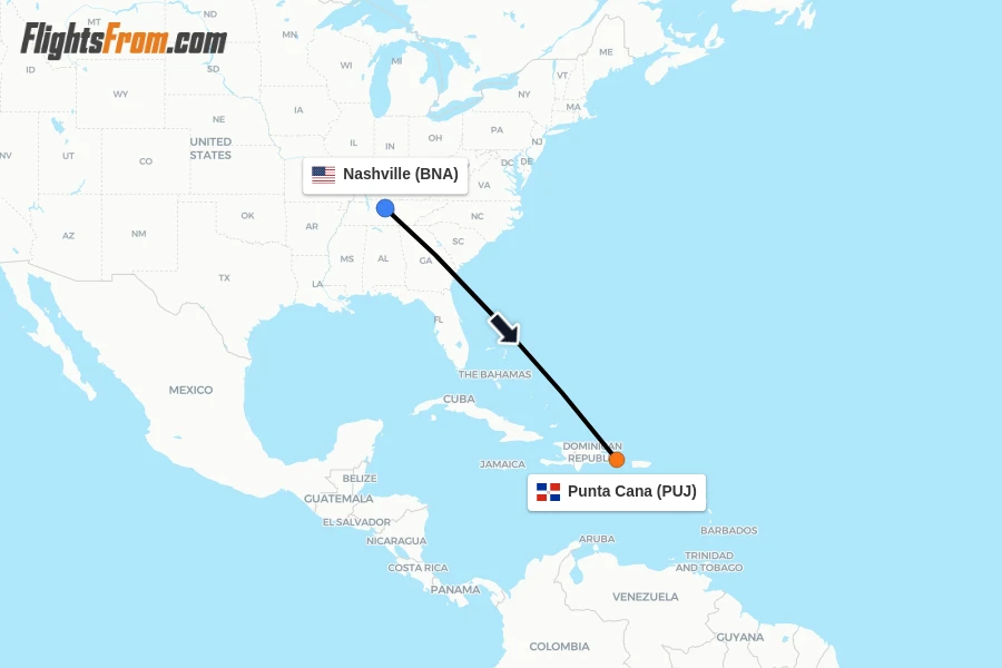 Flights from Nashville to Punta Cana route map