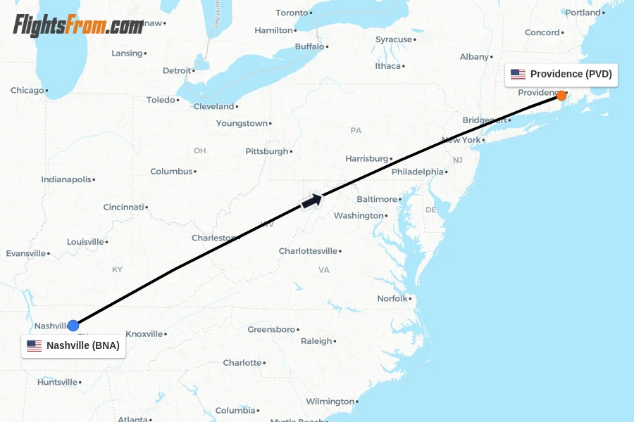 Flights from Nashville to Providence route map