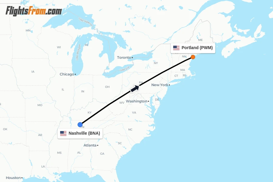 Flights from Nashville to Portland route map