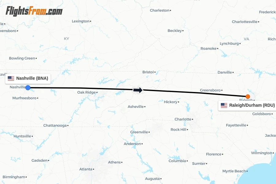 Flights from Nashville to Raleigh/Durham route map