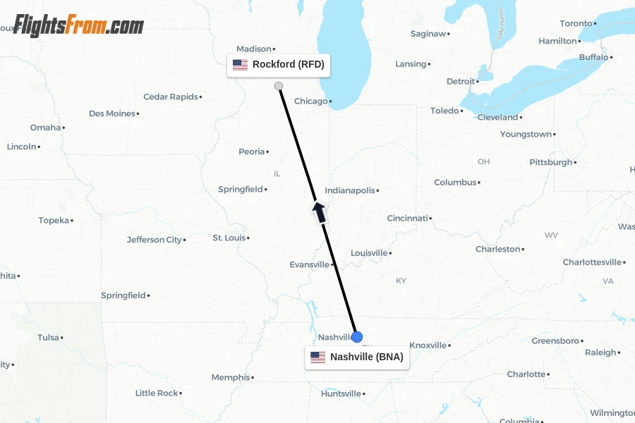 Flights from Nashville to Rockford route map