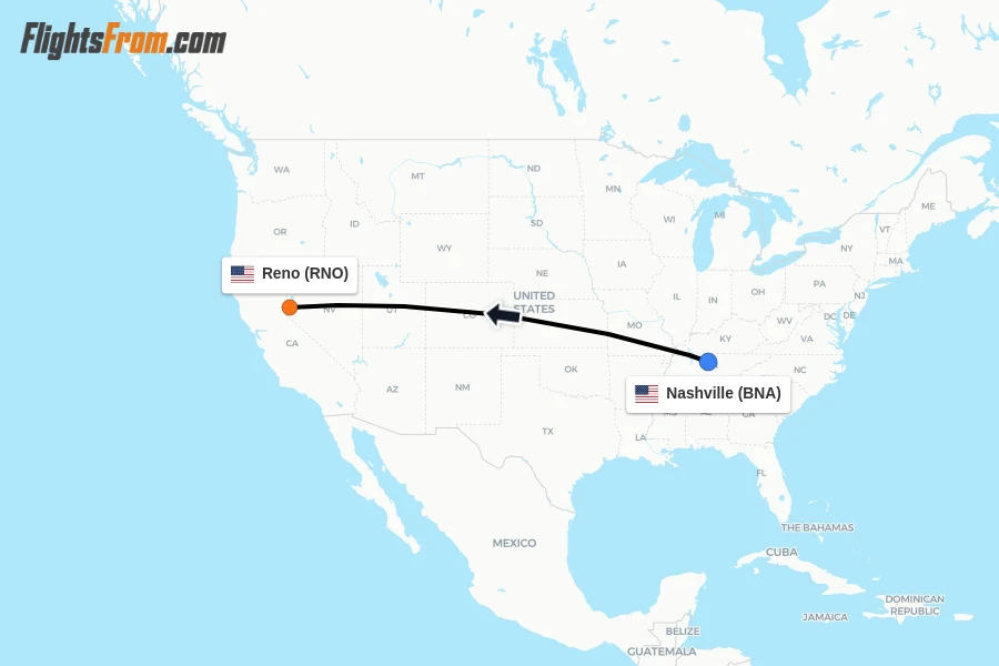 Flights from Nashville to Reno route map