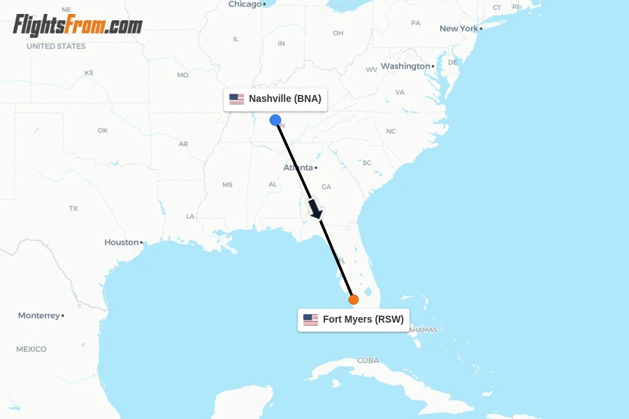Flights from Nashville to Fort Myers route map