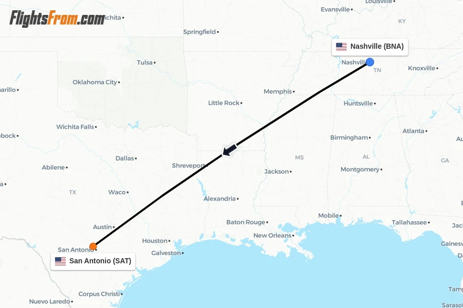 Flights from Nashville to San Antonio route map