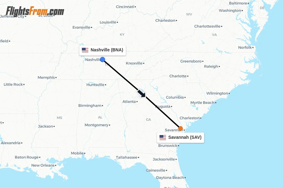 Flights from Nashville to Savannah route map