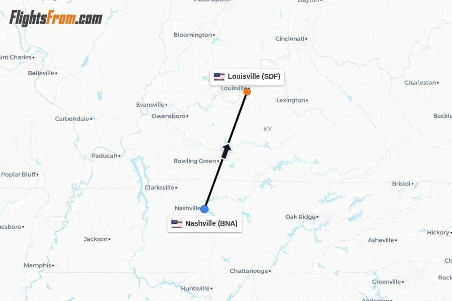 Flights from Nashville to Louisville route map