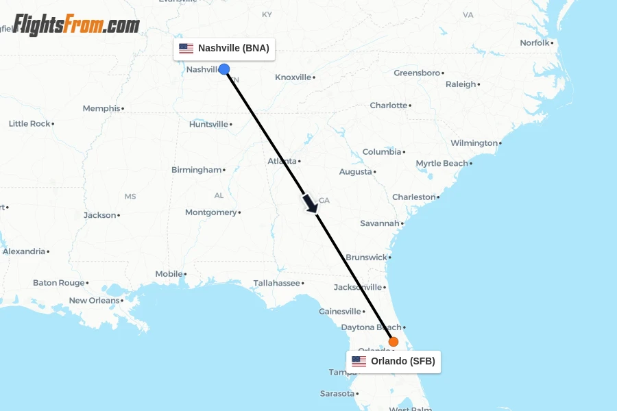 Flights from Nashville to Orlando route map