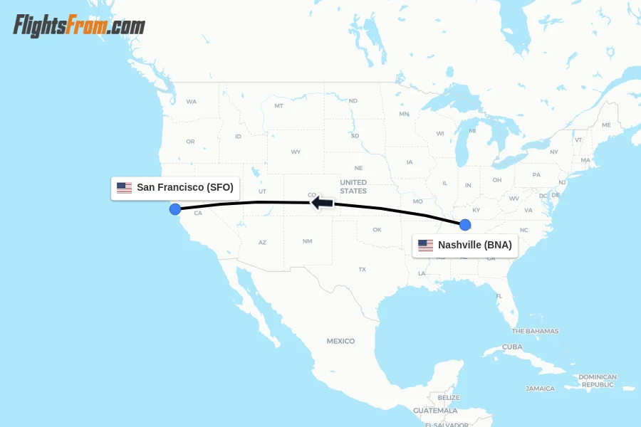 Flights from Nashville to San Francisco route map