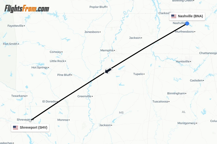 Flights from Nashville to Shreveport route map