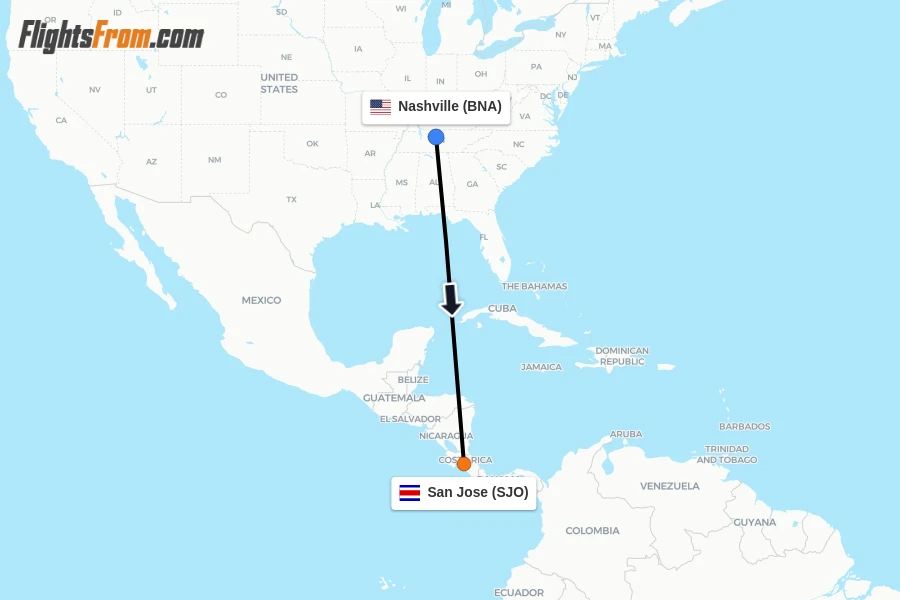 Flights from Nashville to San Jose route map