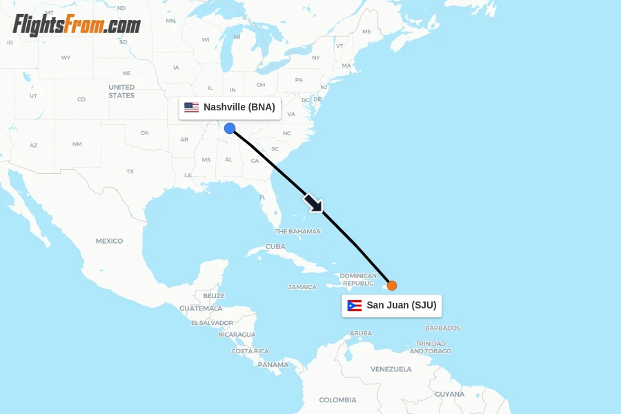 Flights from Nashville to San Juan route map