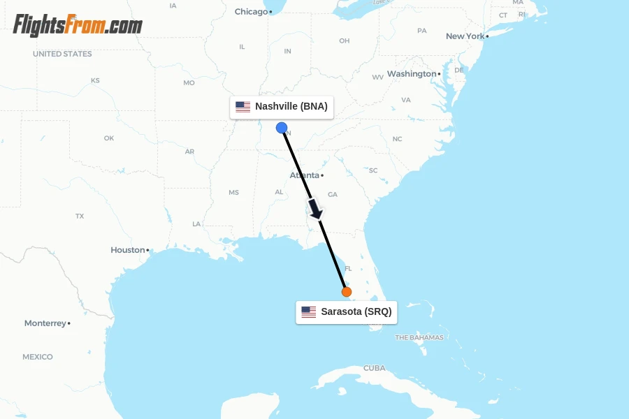 Flights from Nashville to Sarasota route map