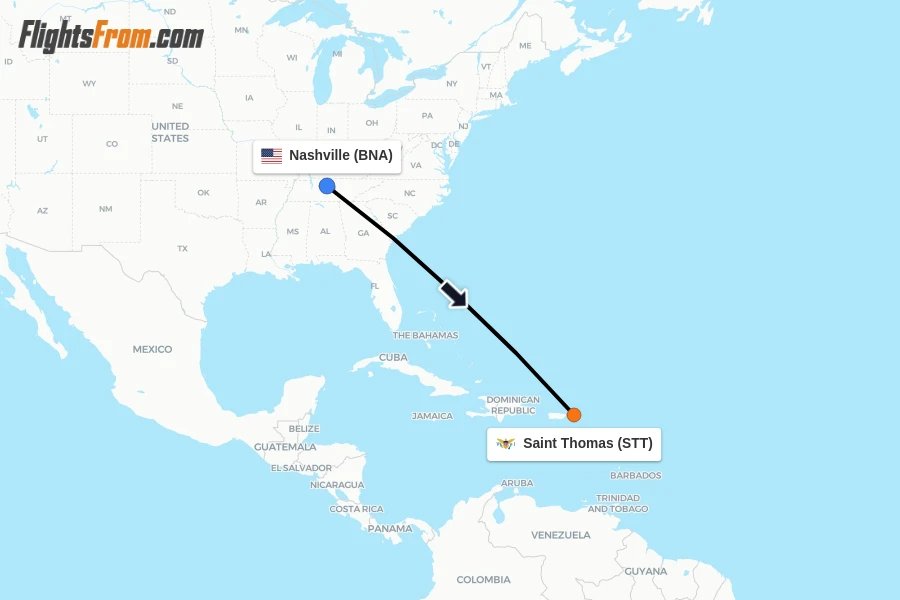 Flights from Nashville to Saint Thomas route map