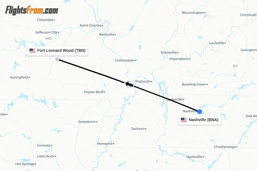 Flights from Nashville to Fort Leonard Wood route map