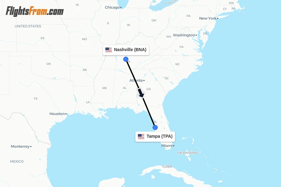 Flights from Nashville to Tampa route map