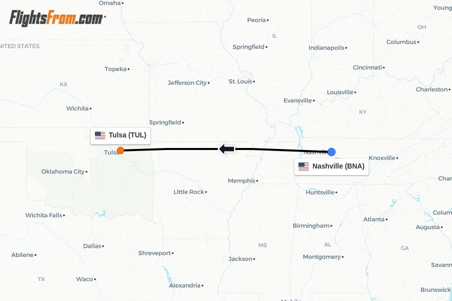 Flights from Nashville to Tulsa route map