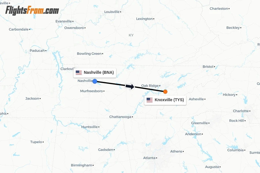 Flights from Nashville to Knoxville route map
