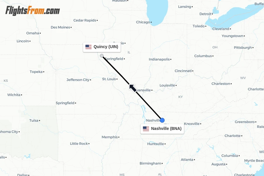 Flights from Nashville to Quincy route map