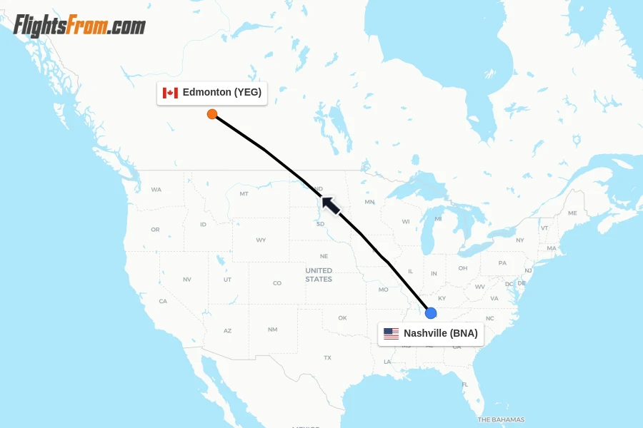 Flights from Nashville to Edmonton route map