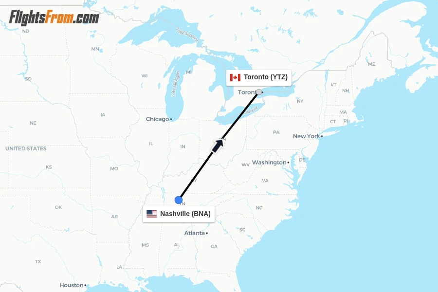 Flights from Nashville to Toronto route map