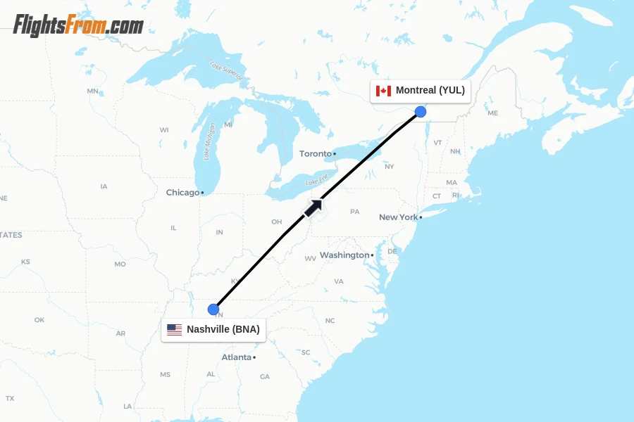 Flights from Nashville to Montreal route map