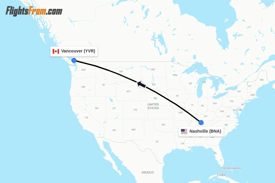 Flights from Nashville to Vancouver route map
