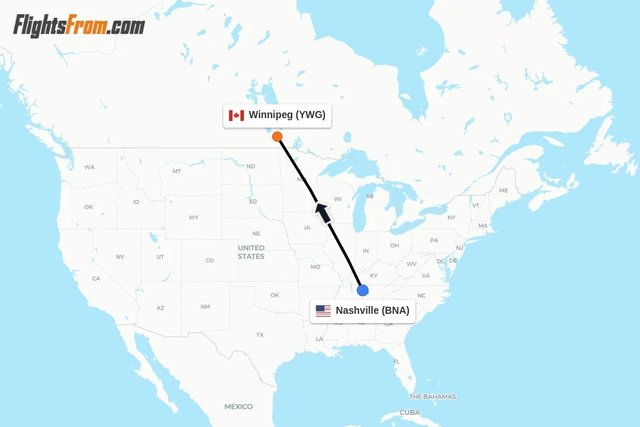 Flights from Nashville to Winnipeg route map